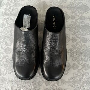 Vionic Women's 7 Black Leather Fairfax Mule Slip On Lugged Sole Comfort Shoe